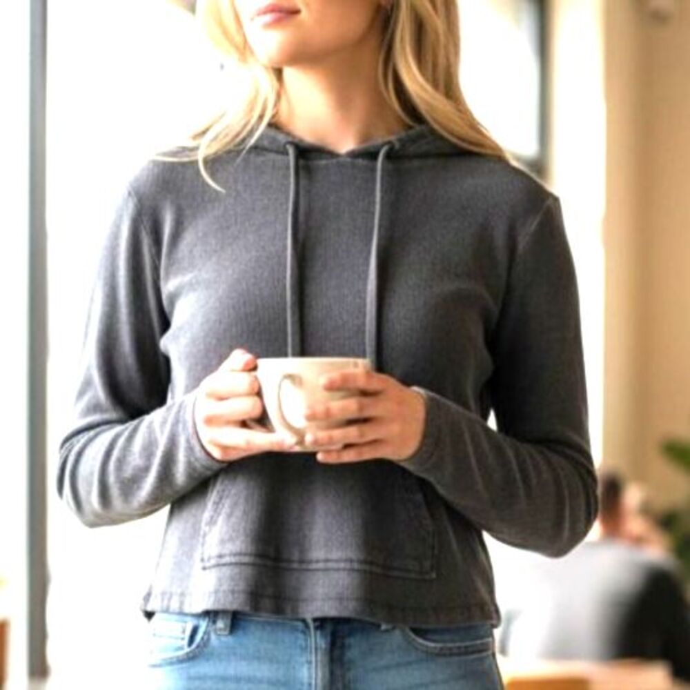Good American Black Ribbed Hoodie Minimalist Athleisure Elevated Basics Fitted S